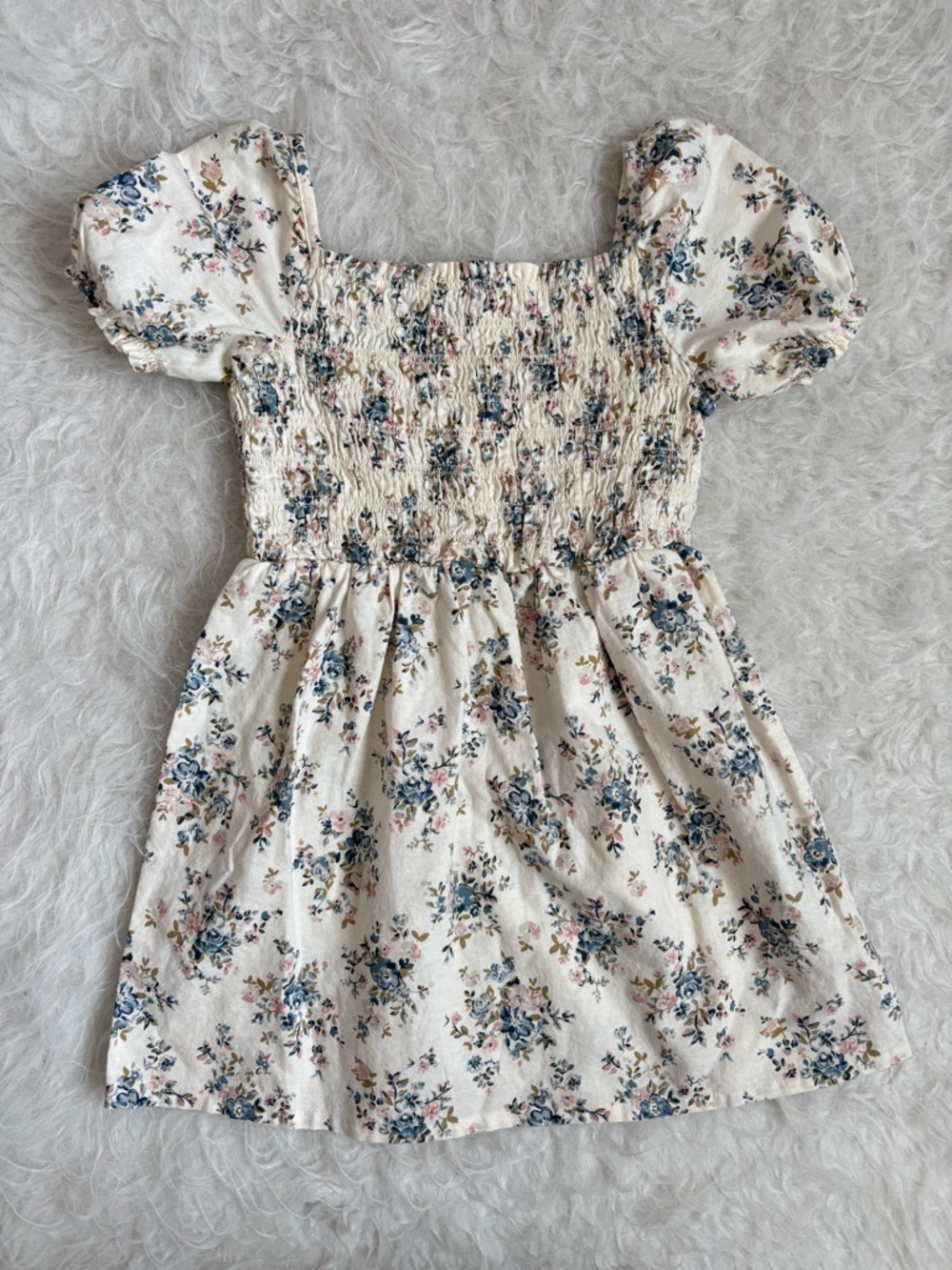 Little Planet Girls Cottagecore Cream Pastel Floral Smocked Puff-Sleeve Dress